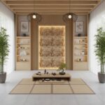 Elegant beige textured tile wall with wooden accents.
