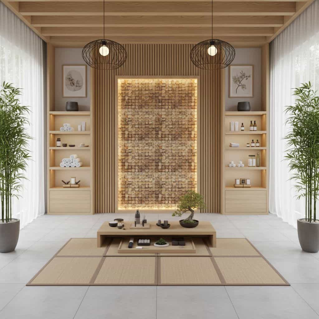 Elegant beige textured tile wall with wooden accents.