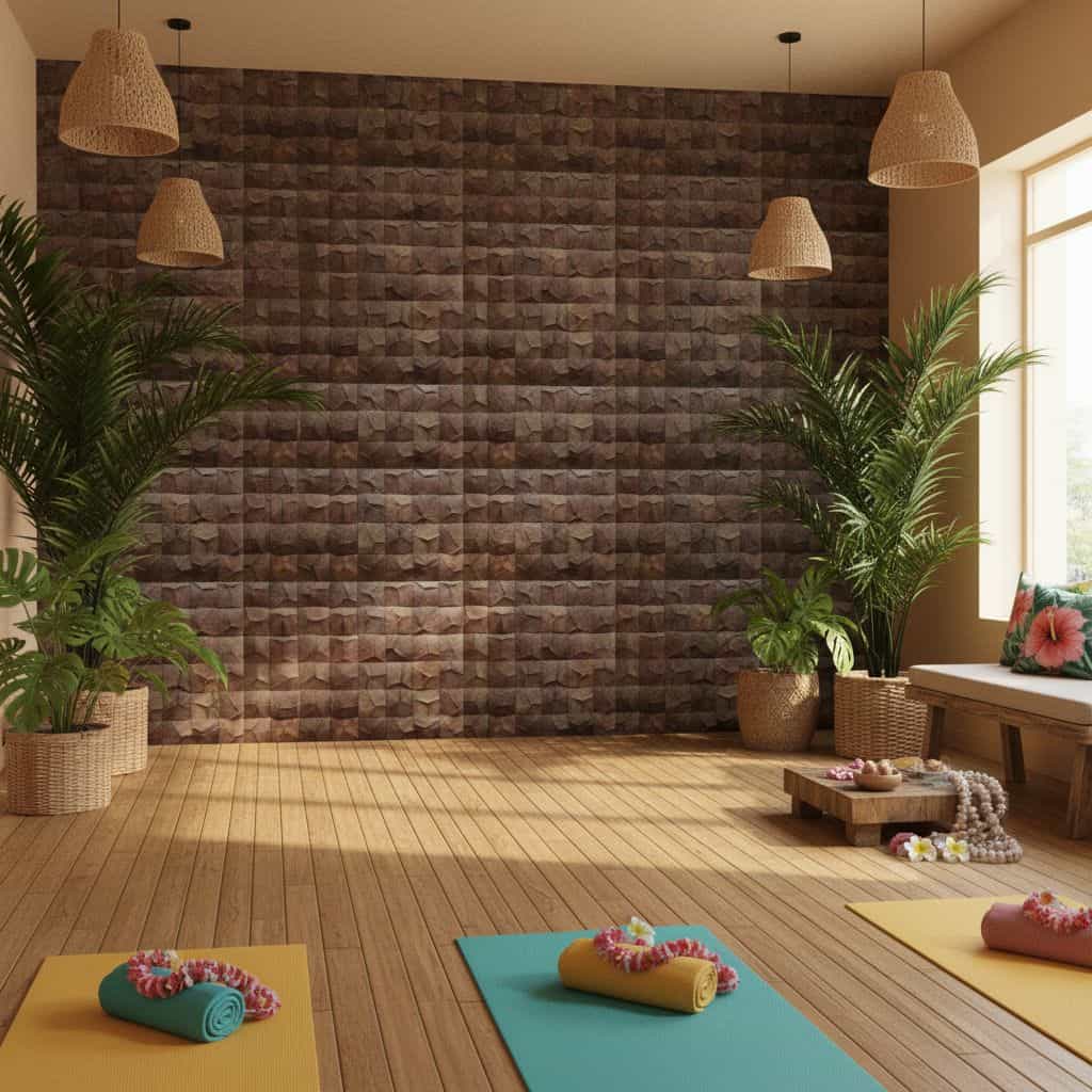 Warm-toned wooden tiles with textured finish, complemented by lush green potted plants and natural light.