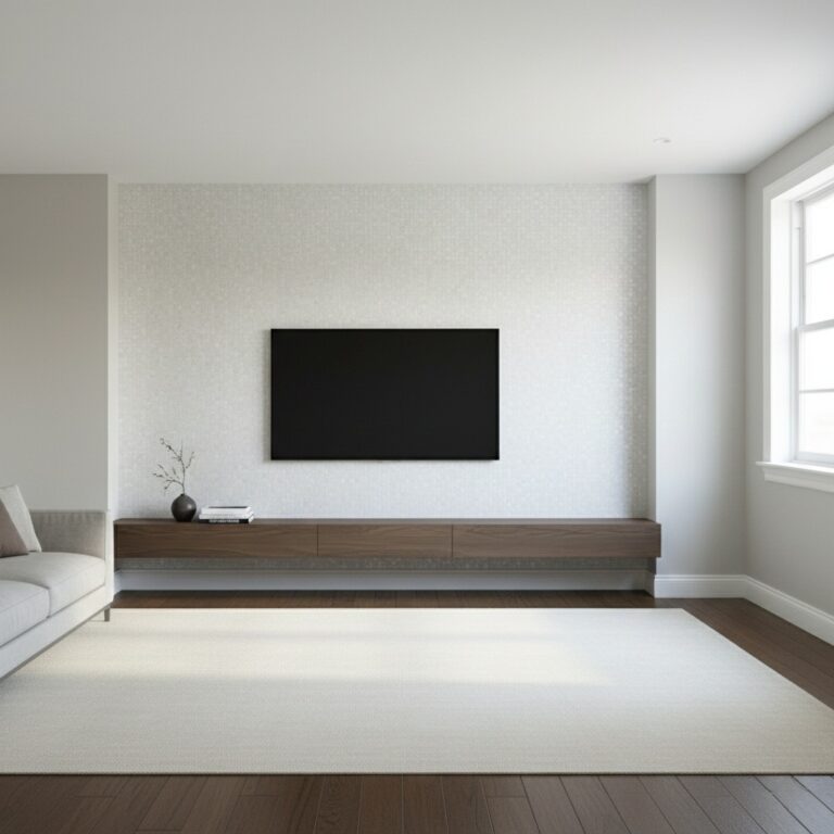 Japandi Style TV Wall Mother of Pearl Subway Tile Accents