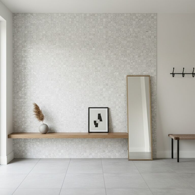 Scandinavian Entryway Mother of Pearl Mosaic Tile Feature