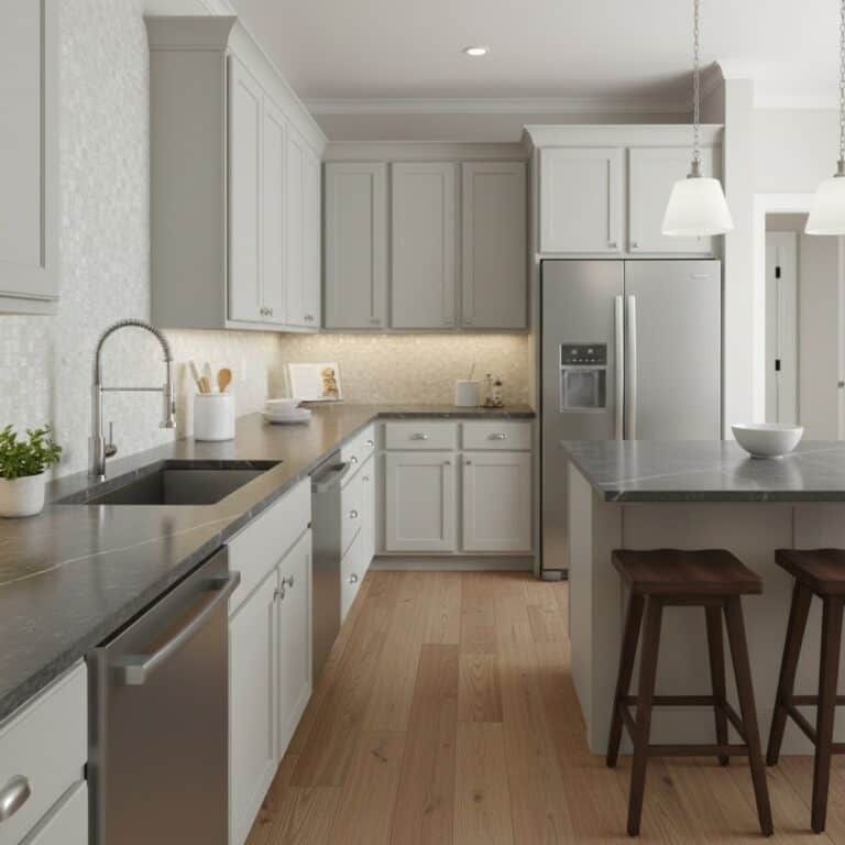 Transitional Kitchen with Pearl Tile Backsplash & Cabinets
