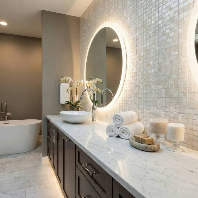 bathroom mother of pearl tile vanity backsplash