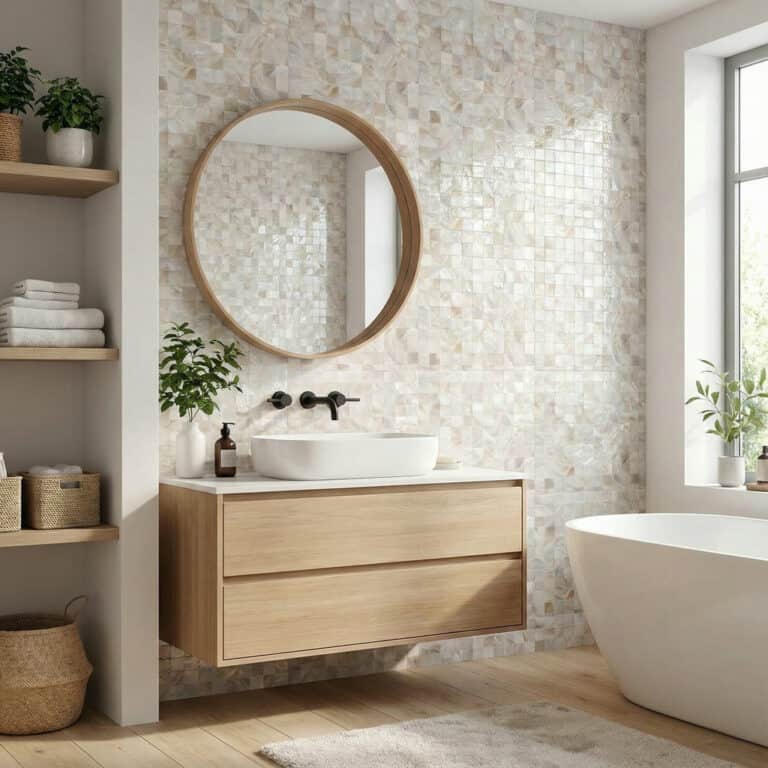 bathroom mother of pearl tile vanity wall