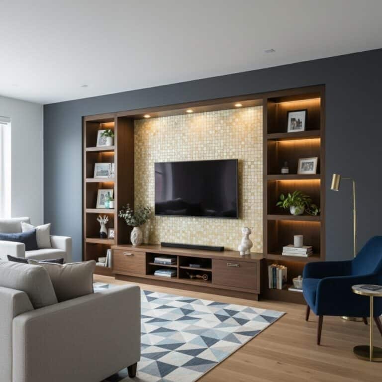 Beige mosaic tile with textured surface, used as a wall accent behind the TV in a modern living room.