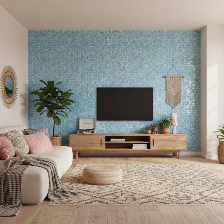 Blue mosaic tile wall, textured surface, vibrant color.