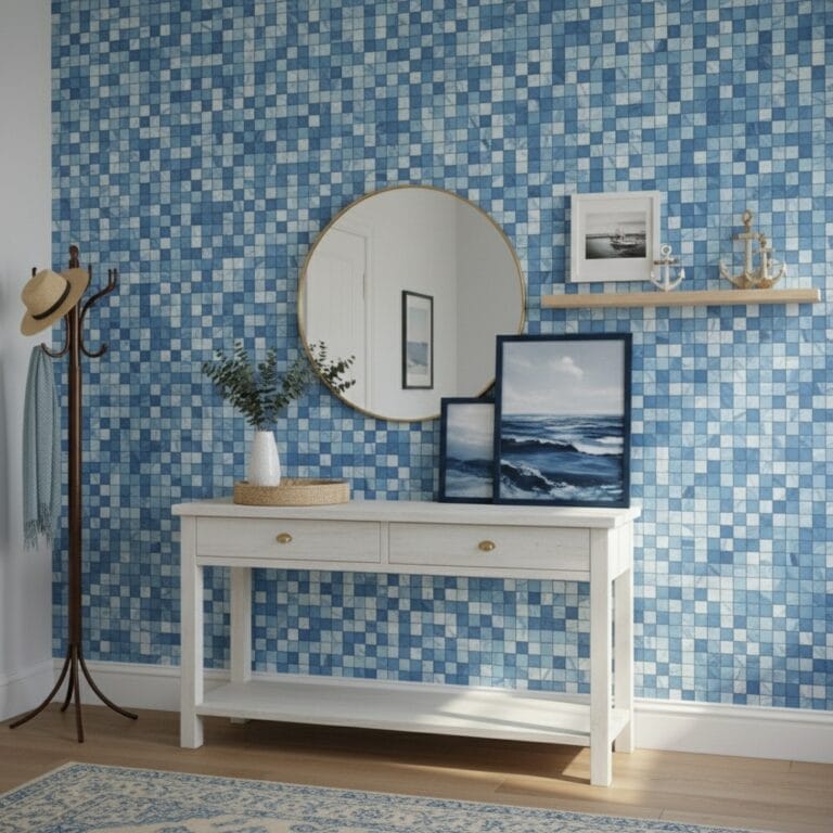 Blue mosaic tiles with textured surface create a vibrant, contemporary look in this interior space.