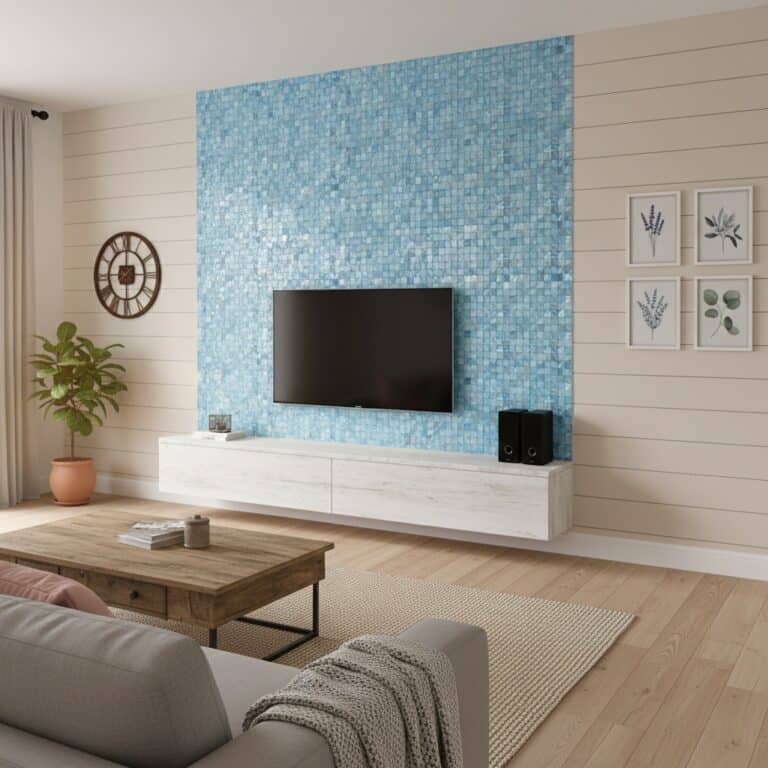Blue mosaic tile wall with textured surface behind TV.