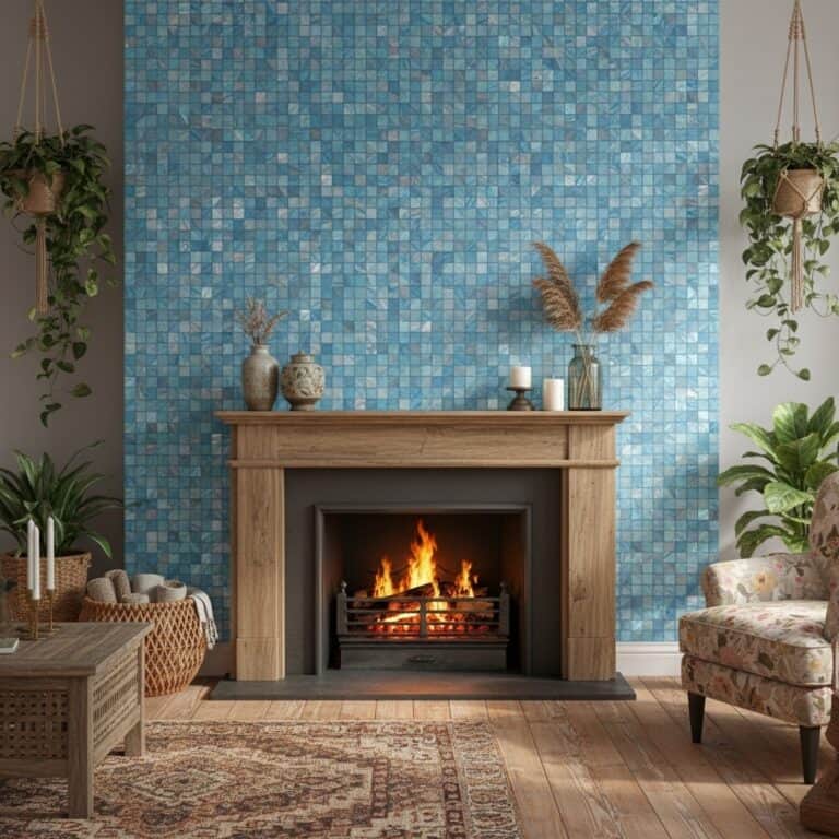 Blue mosaic tile, textured surface, modern design.