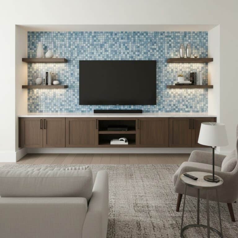 Blue mosaic tile with textured surface, arranged in small square patterns, behind a flat-screen TV.