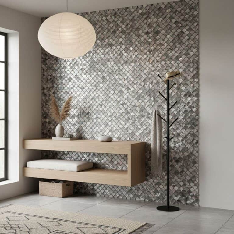 Slate tile wall with textured, overlapping scales in shades of gray and beige.