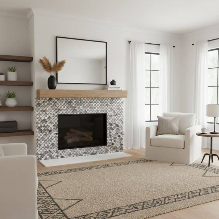 Bright, cozy living room featuring a white armchair, a fireplace with a mosaic tile surround, and natural light from large wi.