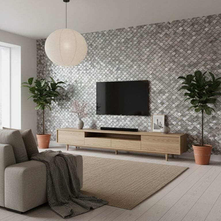 Gray fish scale tile wall with textured, glossy finish in a contemporary living room setting.