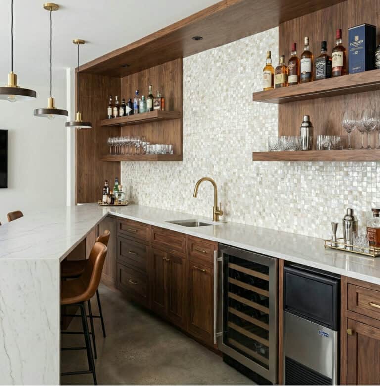 mother of pearl backsplash tile wet bar area
