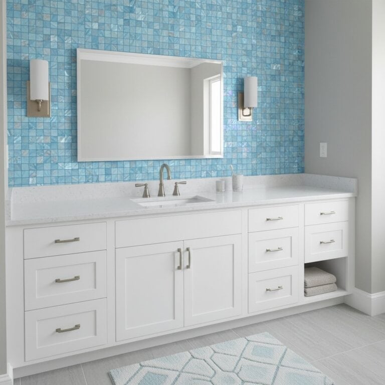 Blue mosaic tile wall with textured, glossy finish behind a white bathroom vanity.
