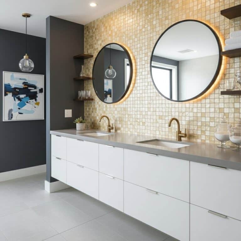A sleek bathroom vanity featuring a white countertop, gold faucets, and a mosaic tile backsplash in warm beige tones.