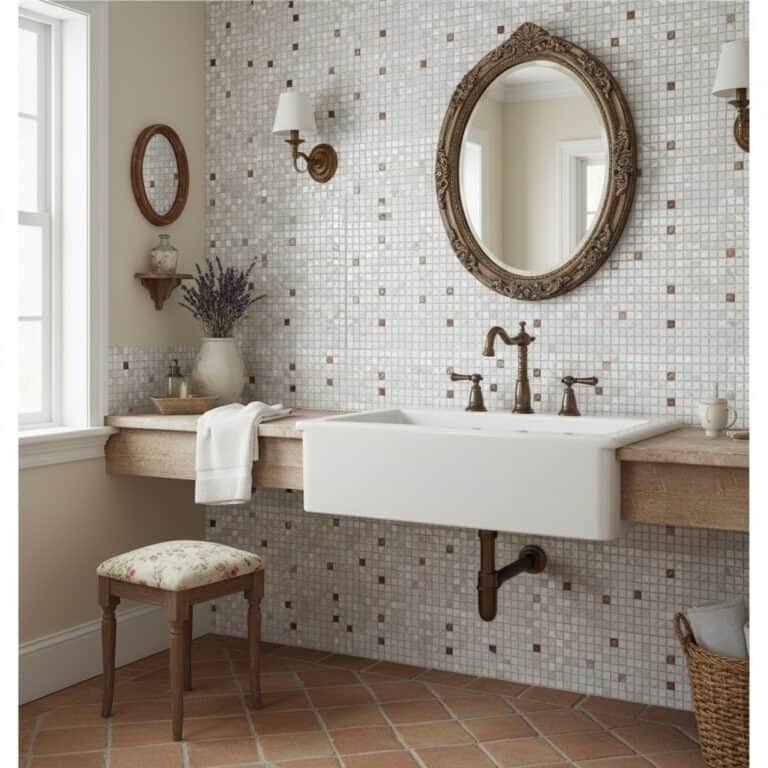 Bright mosaic tile wall with small beige and brown tiles, vintage-style mirror, and rustic wooden accents.