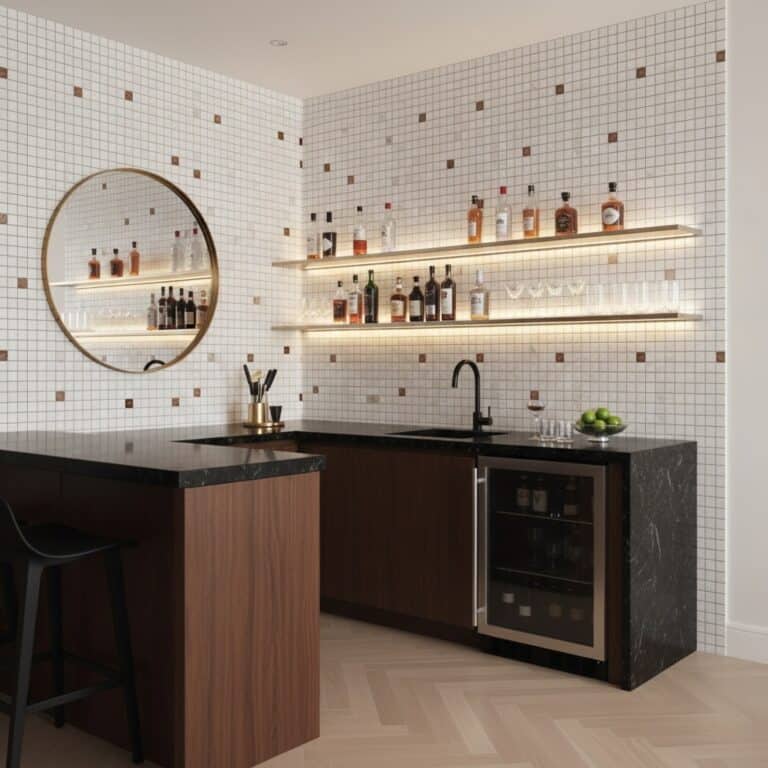 Bright white mosaic tiles with small brown accents, sleek black countertop, and wooden cabinetry create a contemporary kitche.