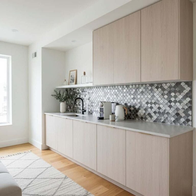 Circular tile backsplash in shades of gray and white.