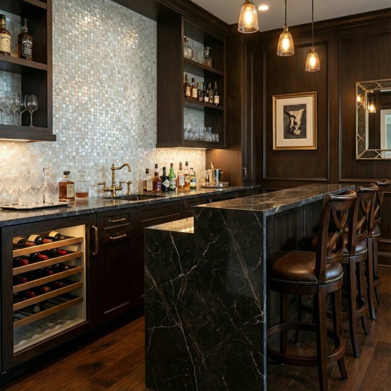 A luxurious bar area featuring a black marble countertop with white veining, dark wooden cabinets, and warm lighting, creatin.