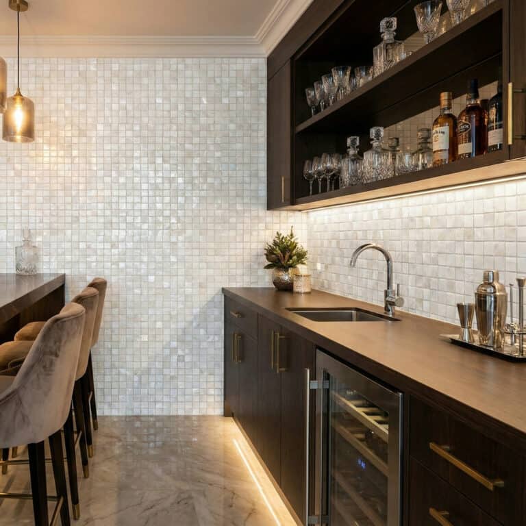 mother of pearl mosaic backsplash tile home bar