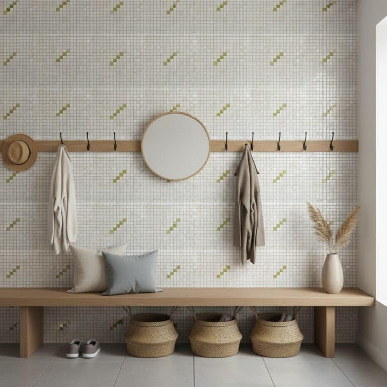Beige and white mosaic tiles with textured surface, wooden coat rack, and neutral decor.