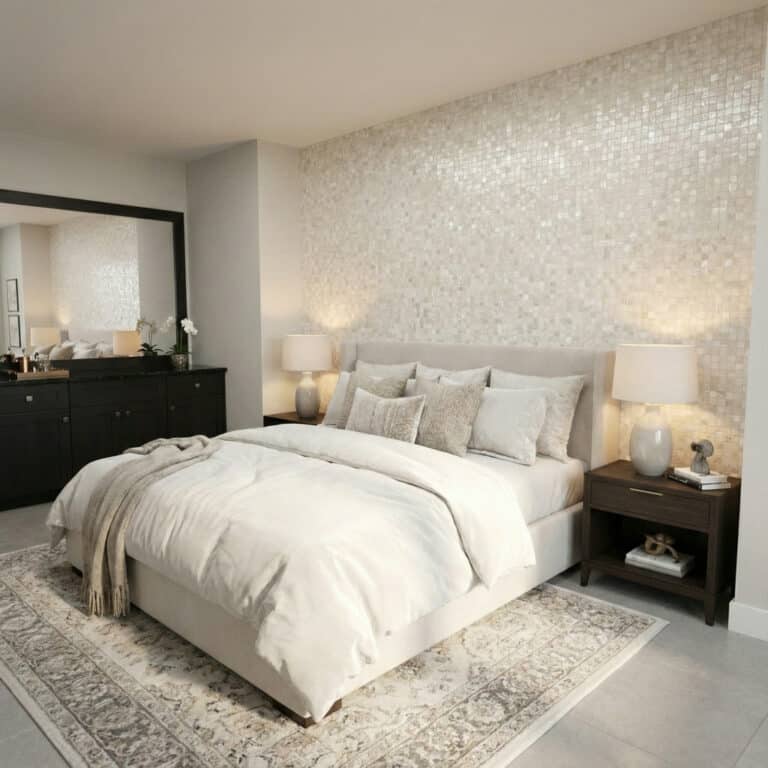 mother of pearl mosaic tile bedroom accent wall