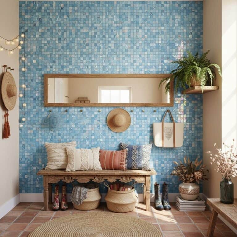 Blue mosaic tile wall with textured, glossy finish and small square tiles.