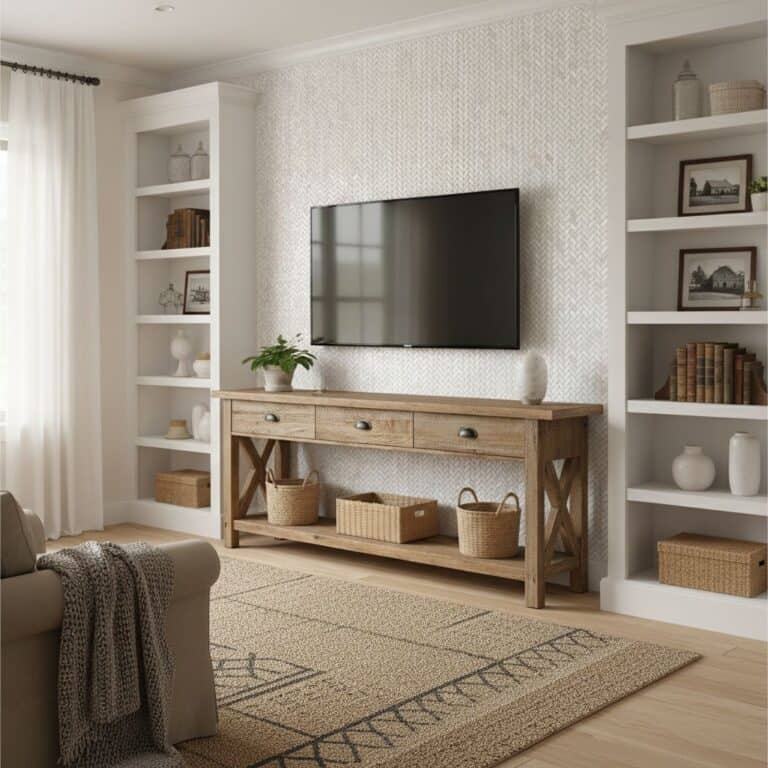 Neutral textured wall tile with subtle pattern, complemented by white shelving and wooden console.