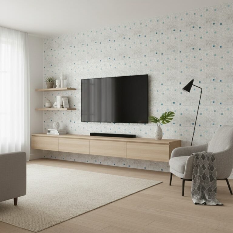 Light wood tile with subtle textured surface and small blue dots.