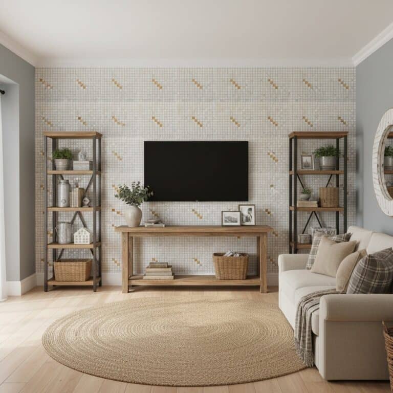Neutral tile wall with subtle beige and white pattern, complemented by wooden shelves and decor accents.