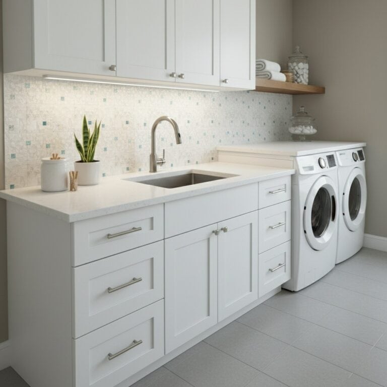 Clean white laundry room with mosaic tile backsplash and modern appliances.