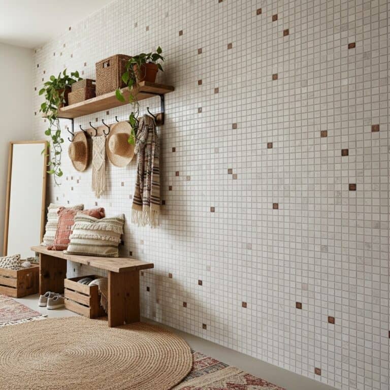 Light-colored mosaic tile wall with small brown accent tiles, textured surface, in a cozy entryway.