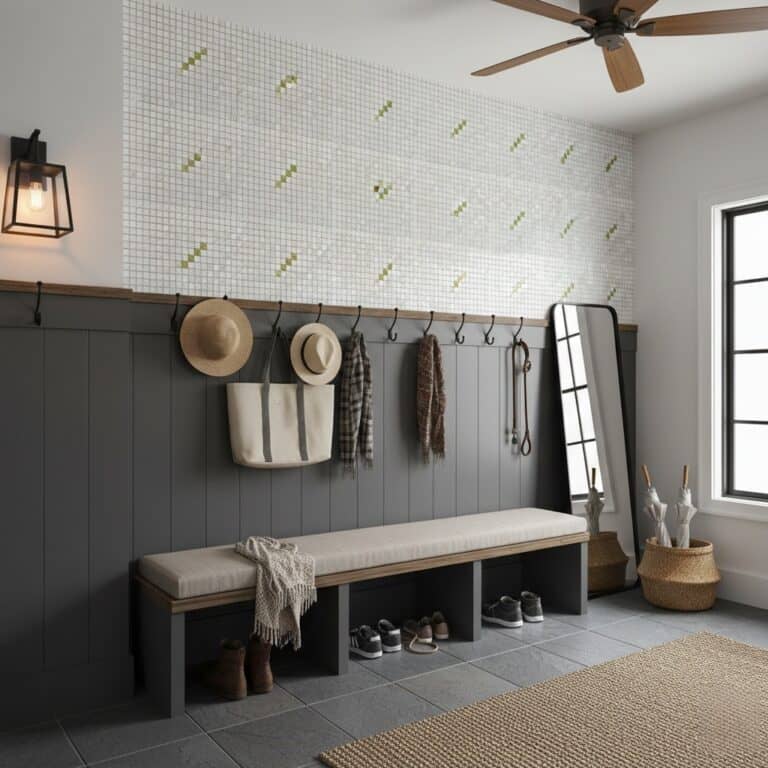 White and green mosaic wall tile with textured surface, used as accent in modern entryway.