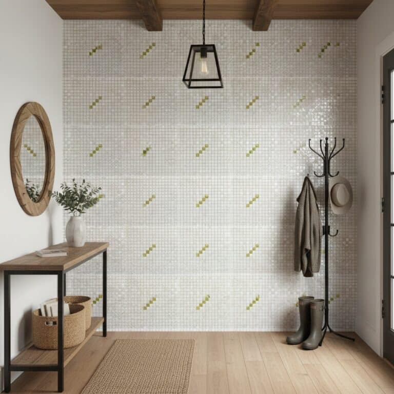 Bright white mosaic tiles with yellow diagonal accents, textured surface, modern style.
