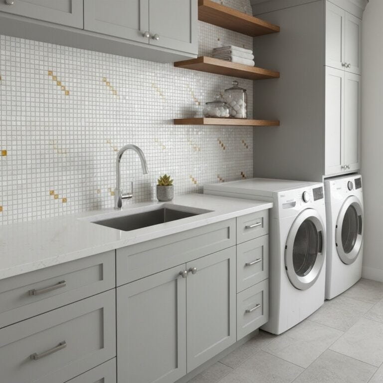 White mosaic tile wall with subtle gold accents, smooth texture, modern design.
