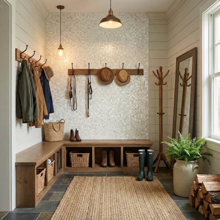 mother of pearl shell tile mudroom bench backsplash