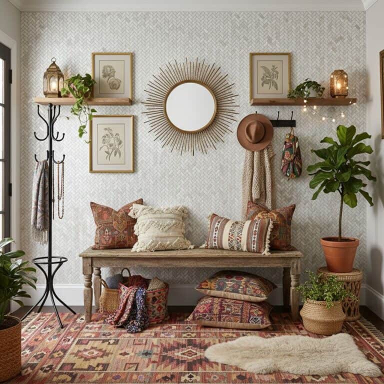 A cozy living room featuring textured wallpaper, wooden accents, and a variety of patterned cushions. Includes plants, wall a.