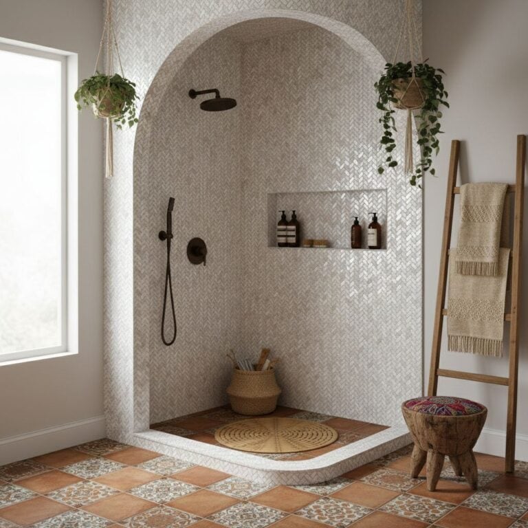 Bathroom shower featuring beige textured tiles and dark fixtures, with a built-in shelf holding toiletries.