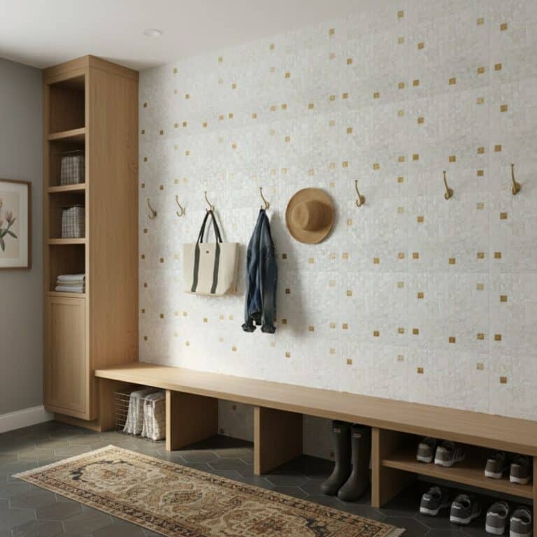 Light beige textured tile wall with gold square accents, creating a modern and elegant look.