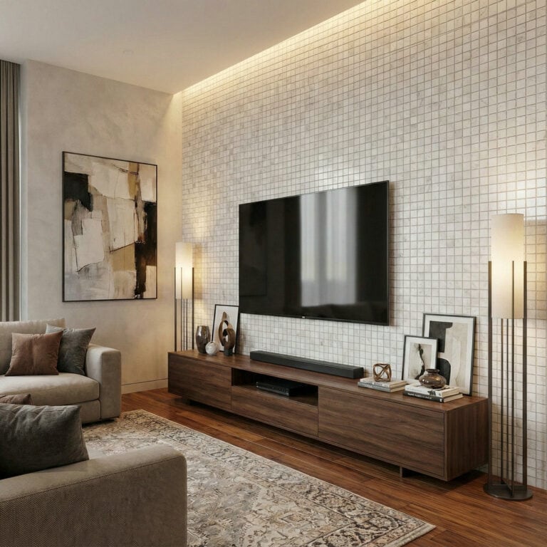 mother of pearl square tiles living room tv wall