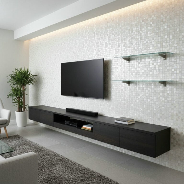 mother of pearl square tiles living room tv wall