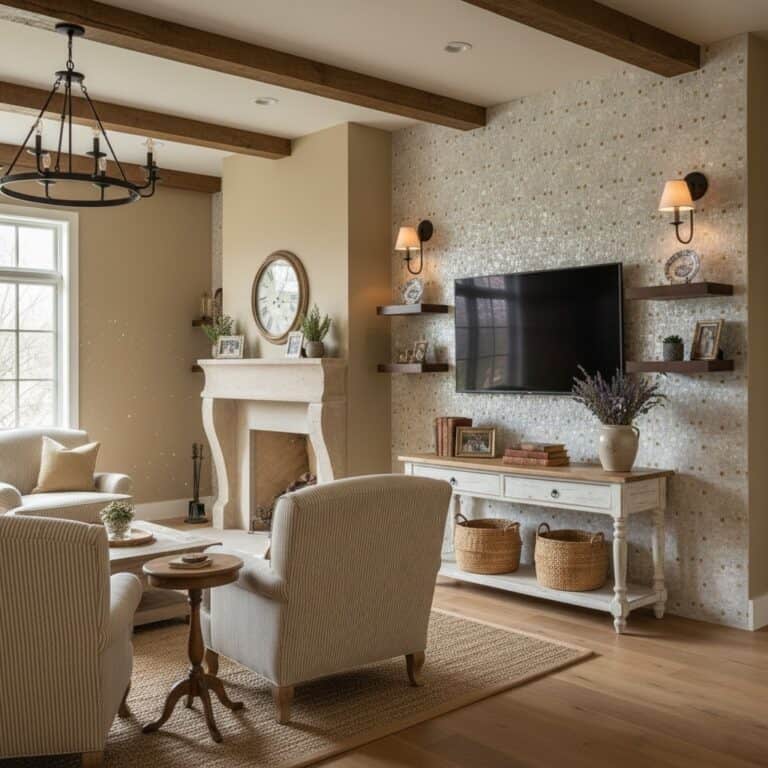 A living room featuring a textured, speckled tile wall behind a mounted flat-screen TV, with neutral-colored furniture and wa.