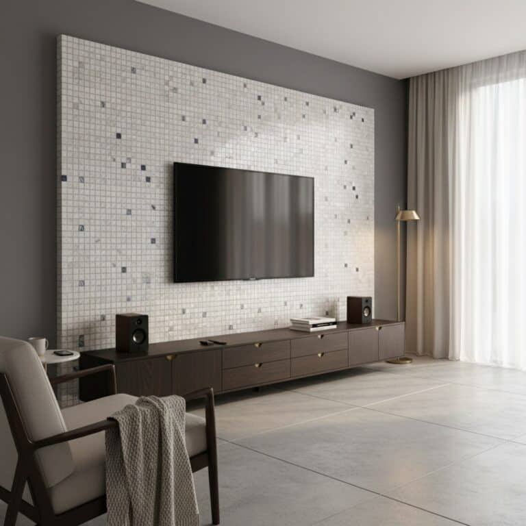 Neutral gray and white mosaic tile wall with textured surface.