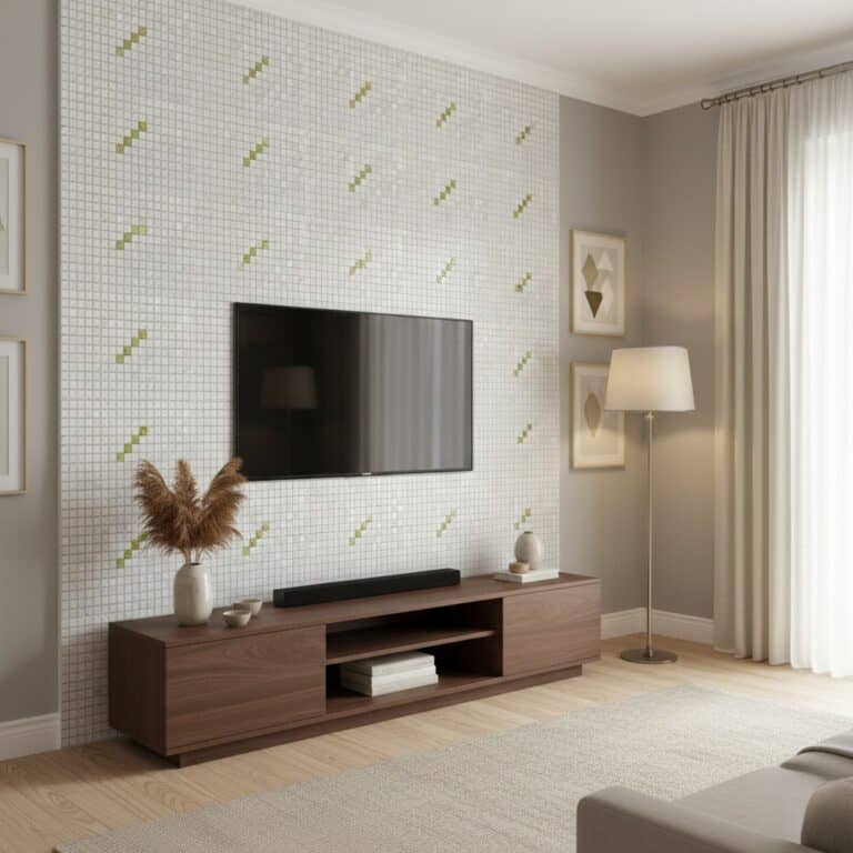 Bright mosaic tile wall with small white tiles and green diagonal accents, creating a fresh and contemporary look.