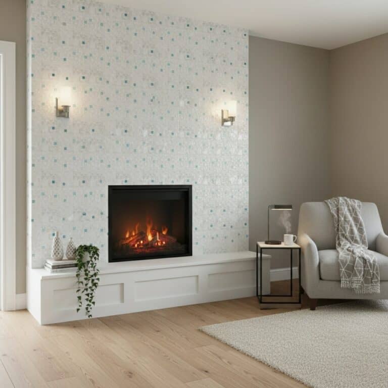 Bright mosaic tile wall with small blue and white tiles around a modern fireplace.