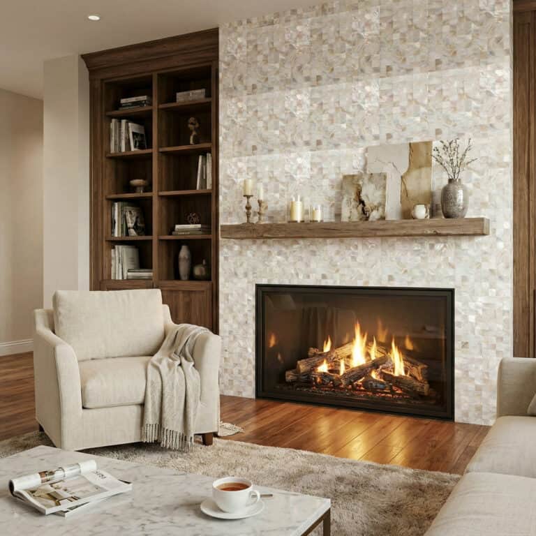 mother of pearl tile fireplace surround