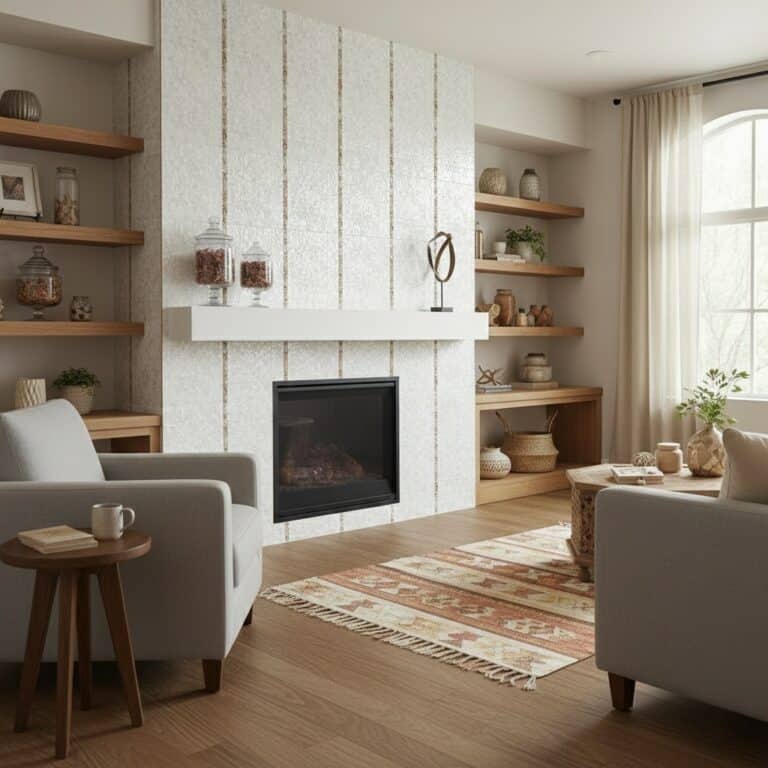 Bright living room with white textured tile fireplace and natural wood shelving.