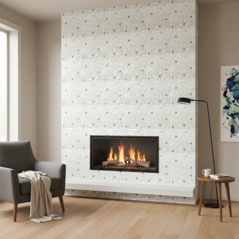 Green and white mosaic tile with textured surface around fireplace.