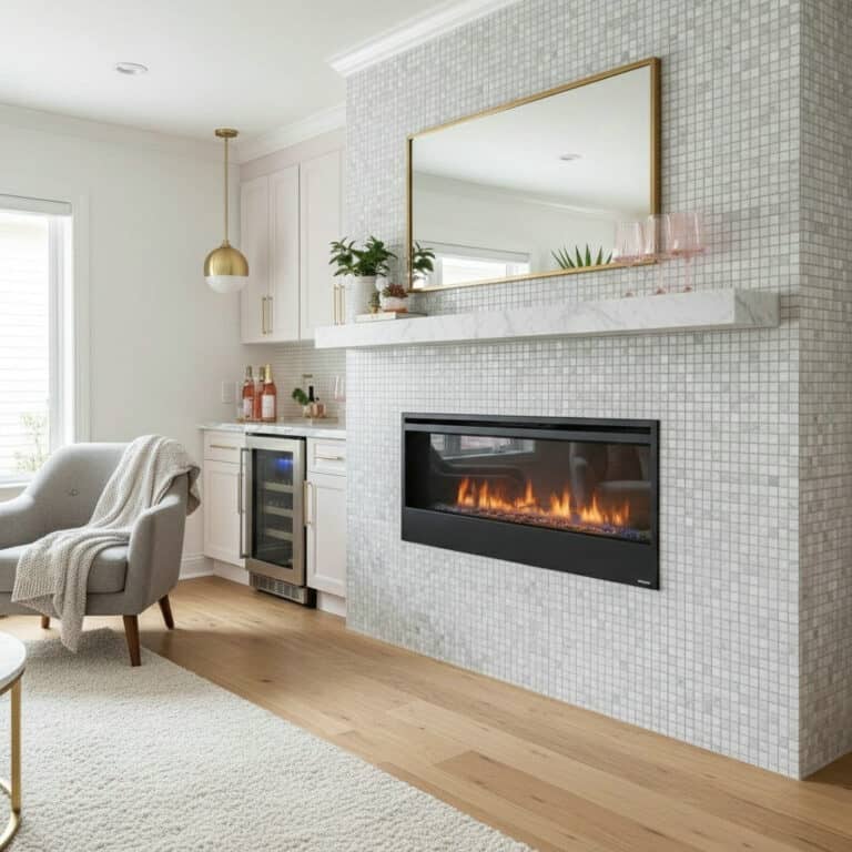 White mosaic tile with a sleek black fireplace insert.